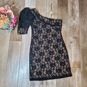 Ixia Black and Beige Lace Bodycon One Shoulder Mini Dress Size Small EUC